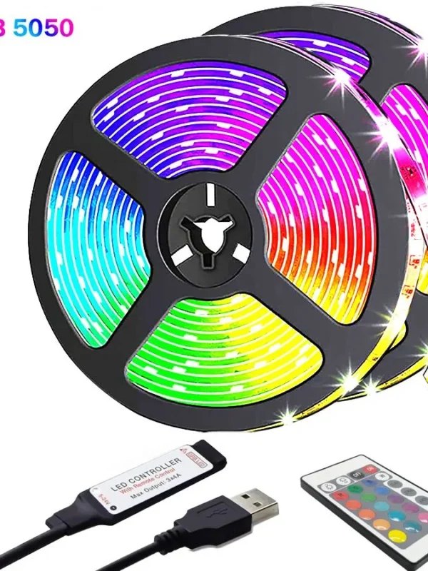 Led USB Strip Light 5M Color Changing 5050 RGB LED Flexible Lights with 24 Keys for Children Gaming Room Home Party TV Backlight
